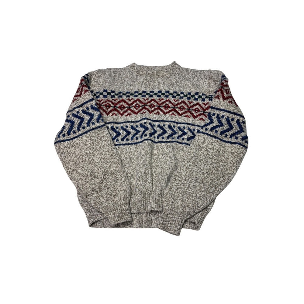 Vintage Lands End Wool Blend Fair Isle Sweater XL Made in USA Oatmeal Blue Red